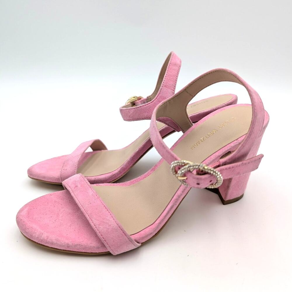 Stuart Weitzman Crystal Buckle 75 Block Heel Sandals Pink Size US5.5 EU36